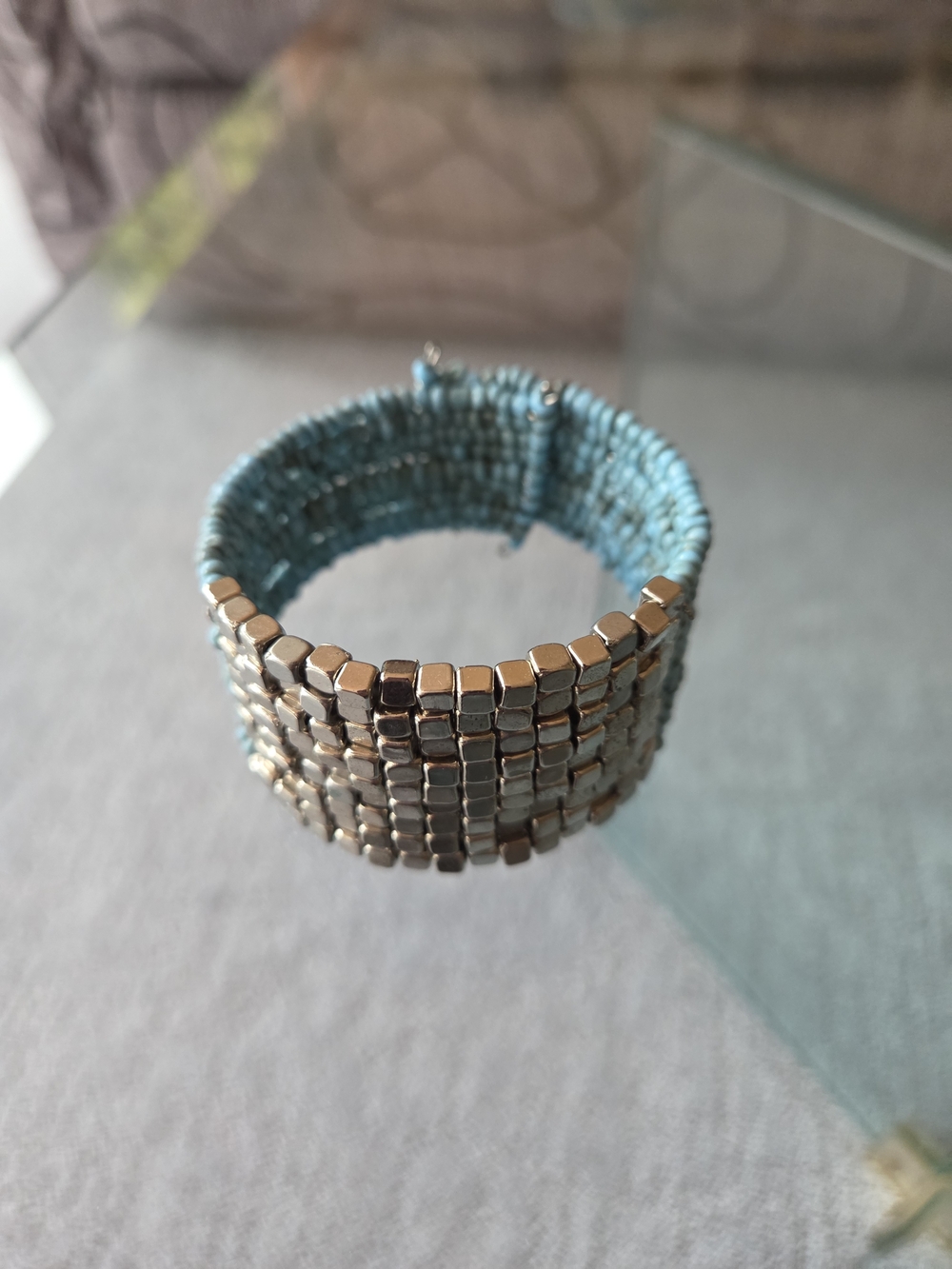 Boho Wide Stretch Cuff Bracelet | Silver Square Tile & Turquoise Beads